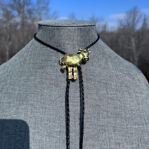 Cow Bolo Tie  Southwest Americana Cute Brassy Holstein with Hearts Retro - Picture 6 of 6